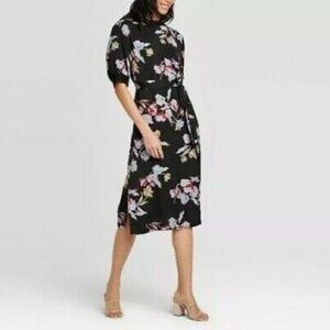 WHO WHAT WEAR | Target High Multicolor Floral Black Midi Dress with tie belt